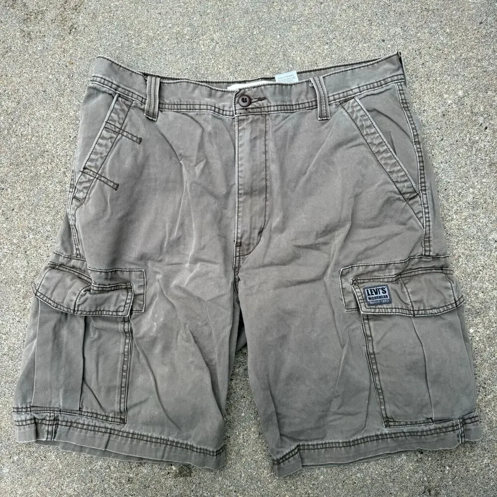 Y2K Levi's Workwear Loose Fit Cargo Shorts Olive Brown 100% Cotton Men's Size 36